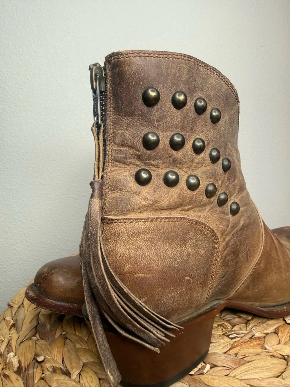 Shyanne Boots Western Studded Grommets Tassel Zip Ankle Brown leather Cowgirl